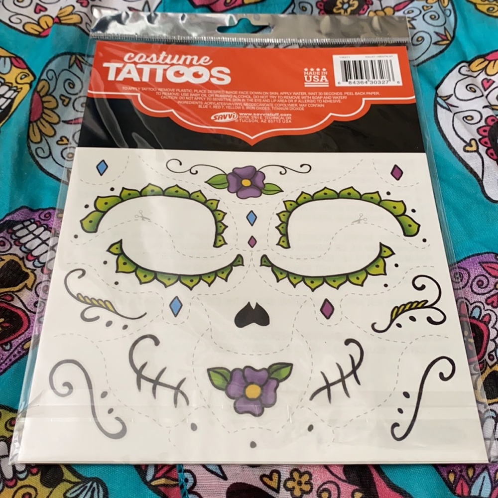Día de los Muertos {Day of the Dead} Costume Face Tattoos 34 Count Made in USA - Picture 2 of 6